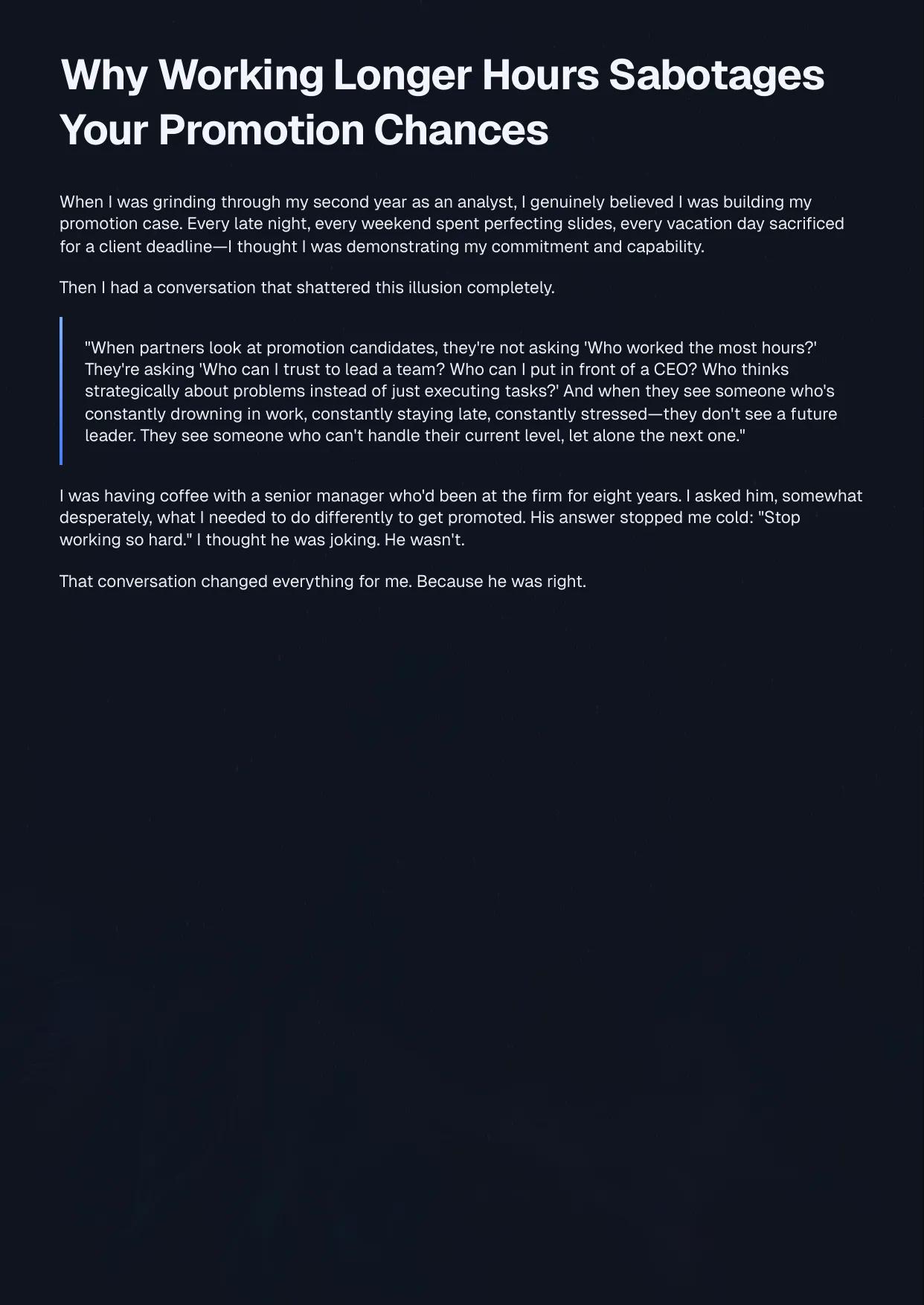 Sample content page discussing why working longer hours sabotages promotion chances