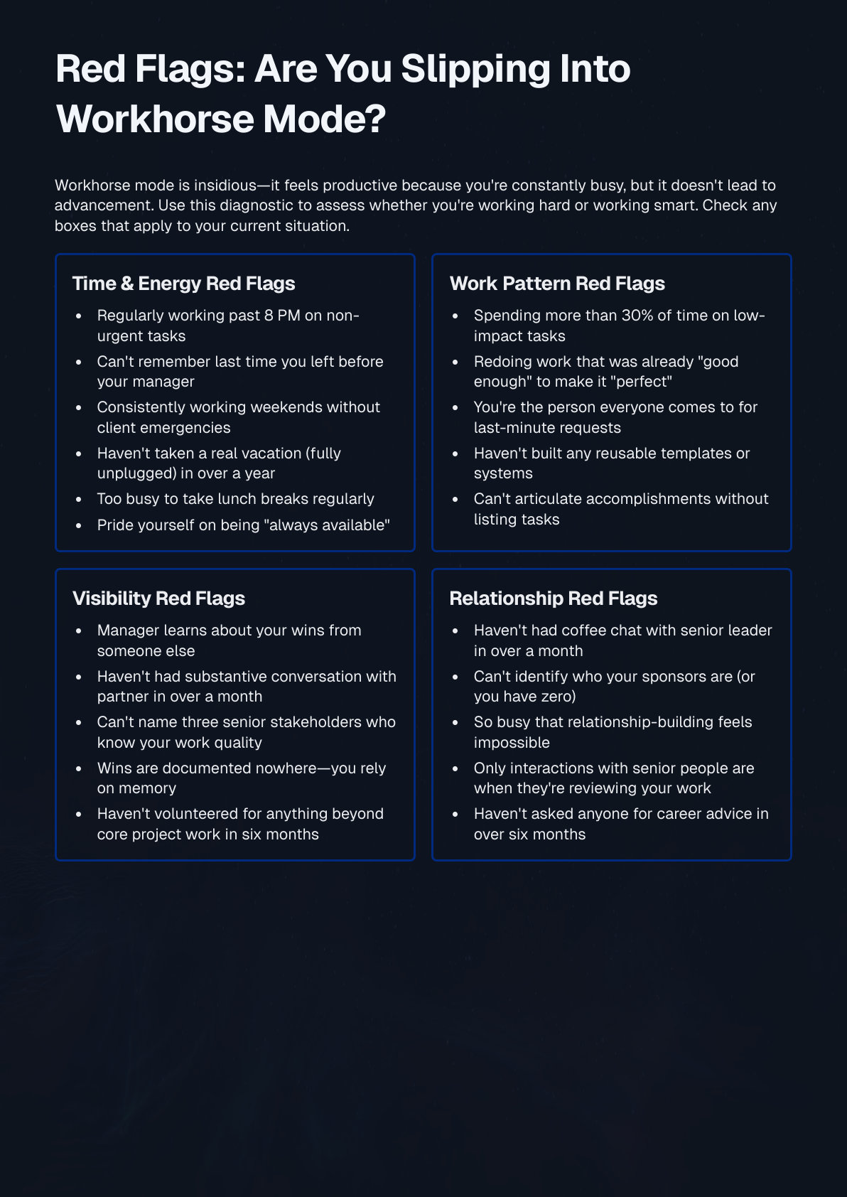 Sample page from the playbook: 'Red Flags — Are You Slipping Into Workhorse Mode?' diagnostic with four quadrants covering time/energy, work patterns, visibility, and relationship red flags